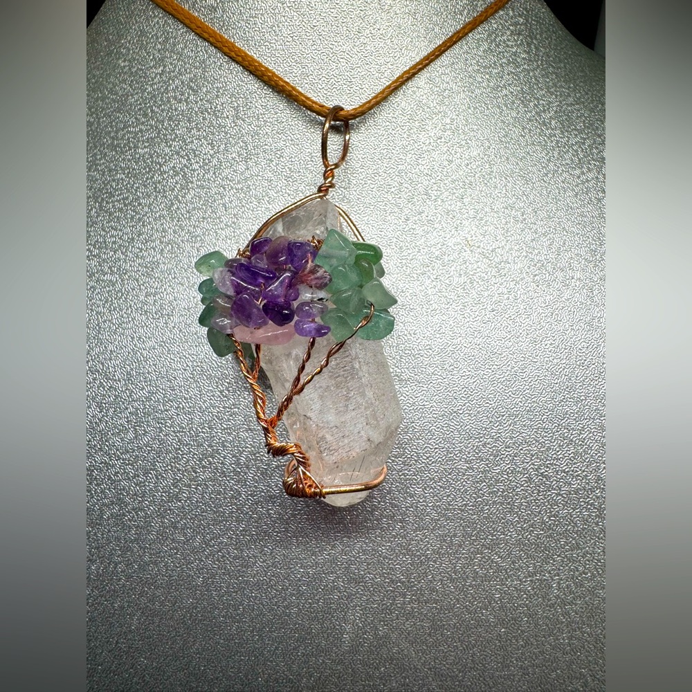Elegant Wire-Wrapped Crystal Pendant Necklace with Purple and Green Accents New
